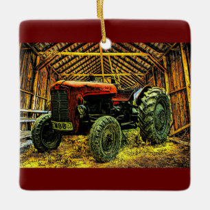 Adorno De Cerámica Antiguo Tractor Rojo Rústico Barn