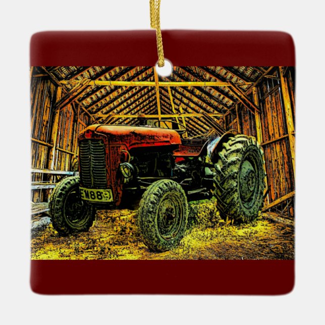 Adorno De Cerámica Antiguo Tractor Rojo Rústico Barn (Anverso)