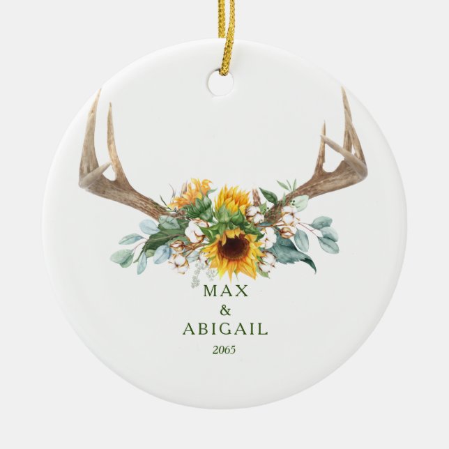 Adorno De Cerámica Antlers De Girasol Pareja Navidades 1er (Frente)