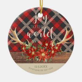 Adorno De Cerámica Antlers de Woodland Poinsettias y Red Plaid