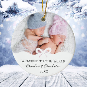 Adorno De Cerámica Anuncio de Navidad de gemelos con foto personaliza