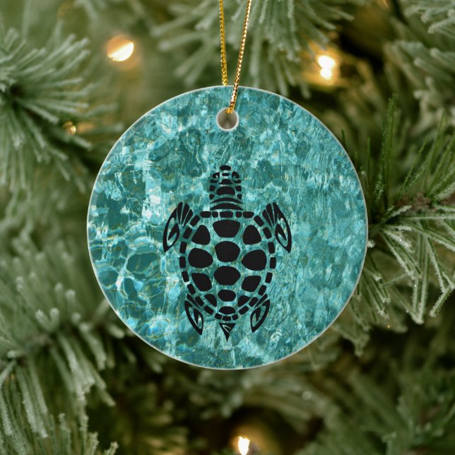 Adorno De Cerámica Aqua Blue, una tortuga marina tribal personalizado (Árbol)