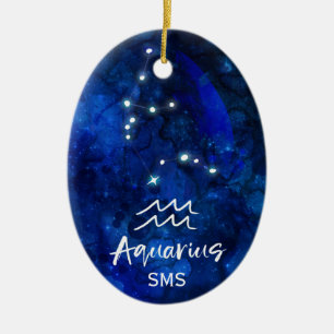 Adorno De Cerámica Aquarius Zodiac Constelación Azul Galaxia Monogram