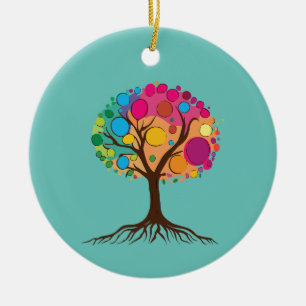 Adorno De Cerámica Árbol abstracto con raíces y hojas coloridas.