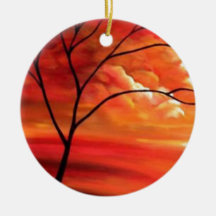Adorno De Cerámica Árbol abstracto y atardecer rojo