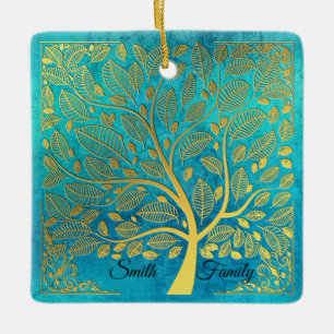 Adorno De Cerámica Árbol azul turquesa y dorado *personalizable*