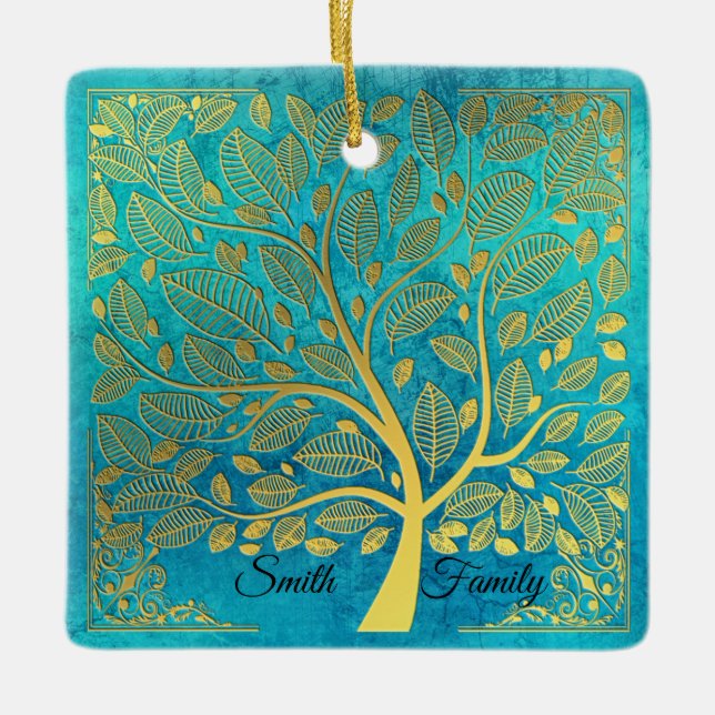 Adorno De Cerámica Árbol azul turquesa y dorado *personalizable* (Anverso)