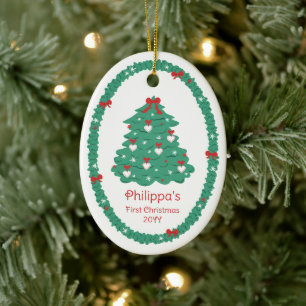 Adorno De Cerámica Árbol de corazones y lazos primera Navidad de bebé