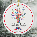 Adorno De Cerámica Árbol de familia de arcoiris personalizado<br><div class="desc">Este colorido adorno está decorado con un árbol de colores arcoiris. Cronizable fácilmente con tu nombre y año. Utilice la opción Personalizar adicional para cambiar el tamaño, estilo o color del texto si lo desea. Porque creamos nuestra propia obra de arte no encontrarás esta imagen exacta de otros diseñadores. Original...</div>