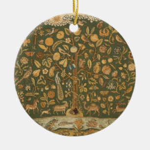 Adorno De Cerámica Árbol de la Vida y Unicornio Antiguo Bordado Inglé