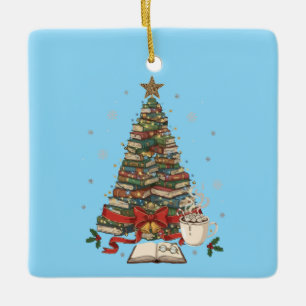 Adorno De Cerámica Árbol de libros navideños acogedor para lectores y