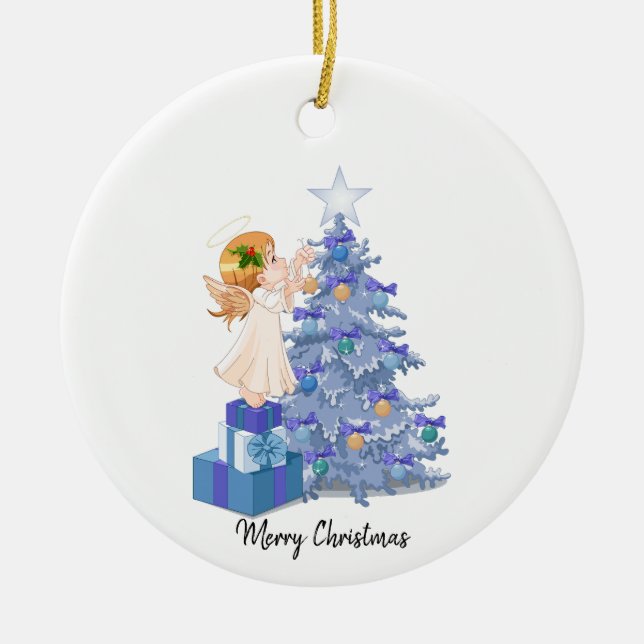 Adorno De Cerámica Árbol de Navidad azul ángel y púrpura (Frente)