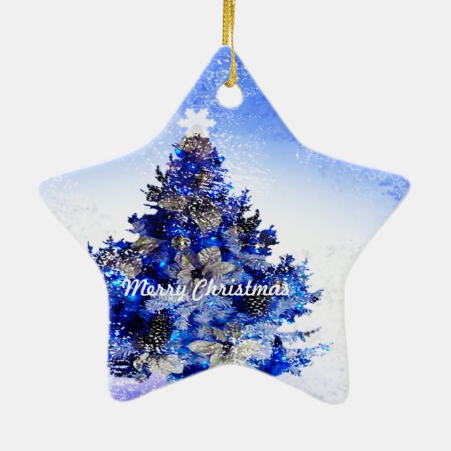 Adorno De Cerámica árbol de navidad azul decorado con personalizable (Atrás)