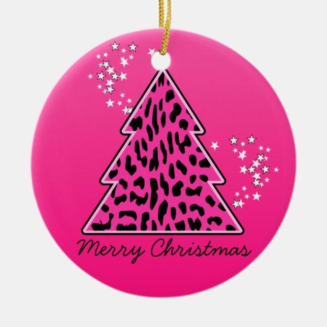 Adorno De Cerámica Árbol de Navidad Chetah Leopardo Rosa (Frente)