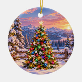 Adorno De Cerámica Árbol de Navidad Colorido en un Entorno de Montaña