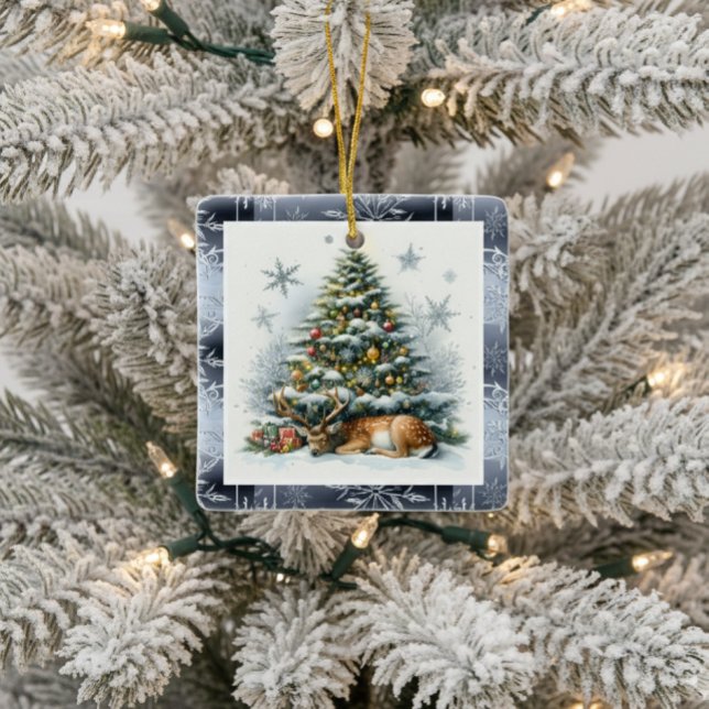 Adorno De Cerámica Árbol de Navidad con Ciervo   (Nature created ornament with deer sleeping under Christmas tree.)