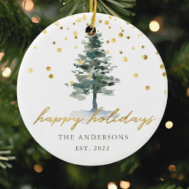 Adorno De Cerámica Árbol de Navidad con guión dorado moderno Felices 