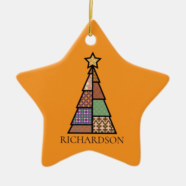 Adorno De Cerámica Árbol de Navidad de Colcha con Monograma (Frente)