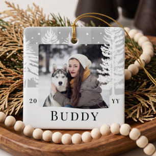 Adorno De Cerámica Árbol de Navidad de Plaid Gris Personalizado con F