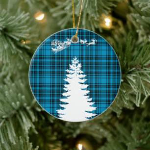 Adorno De Cerámica árbol de navidad de santa plaid azul a cuadros