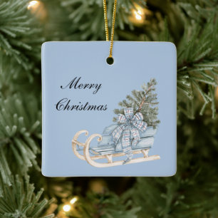 Adorno De Cerámica Árbol de Navidad de Trineo Blanco con Lazo Azul y 