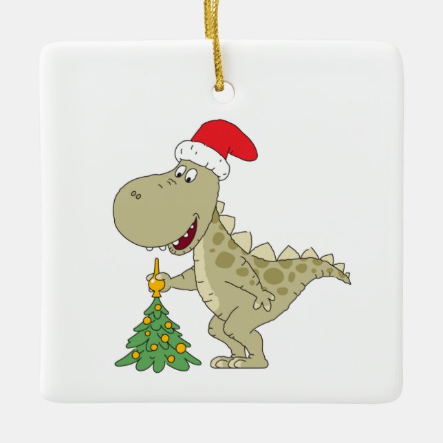 Adorno De Cerámica Árbol de navidad dulce Dinosaurio Santa Hat (Anverso)