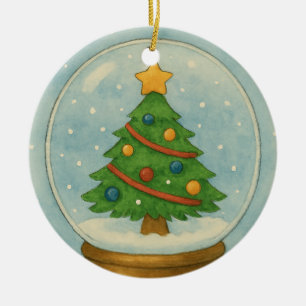 Adorno De Cerámica Árbol de Navidad en un Globo de Nieve en Acuarela