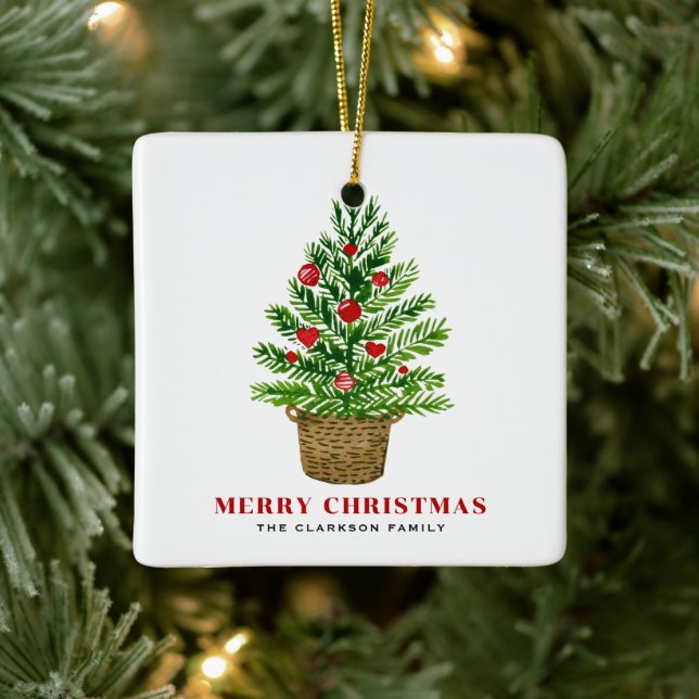 Adorno De Cerámica Árbol de Navidad en una canasta de mimbre Feliz Na (Árbol)