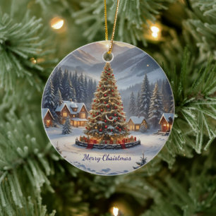 Adorno De Cerámica Árbol de Navidad festivo en un pueblo de montaña