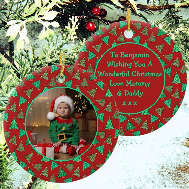 Adorno De Cerámica Árbol de Navidad | Foto De Niños Rojos Y Verdes (Front And Back View)