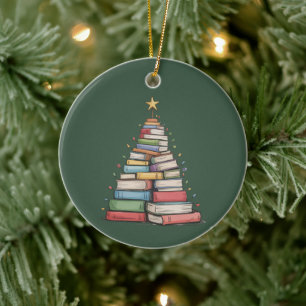 Adorno De Cerámica Árbol de Navidad Libro Retro Bibliófilo Biblioteca