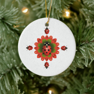 Adorno De Cerámica Árbol de Navidad Mariquita Rojo y Blanco