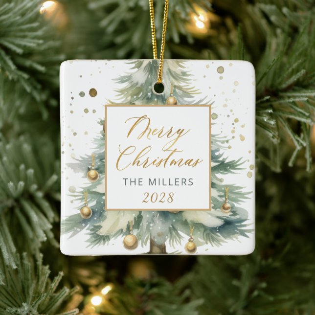 Adorno De Cerámica Árbol de navidad moderno con acuarela Gold Script (Árbol)