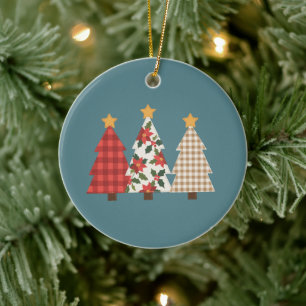 Adorno De Cerámica Árbol de Navidad parches antiguos Plaid Rojo Fiest