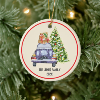 Adorno De Cerámica Árbol de Navidad Personalizado Familia Coche Azul