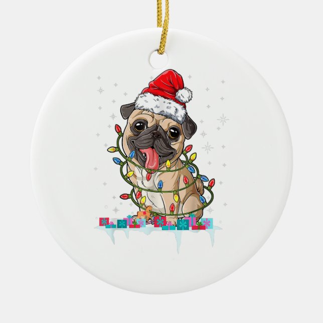 Adorno De Cerámica Árbol de Navidad Pug enciende a Papá Noel (Frente)