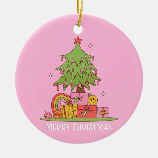 Adorno De Cerámica Árbol de Navidad retro rosa (Frente)