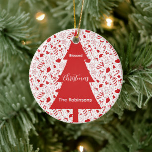 Adorno De Cerámica Árbol de Navidad Rojo Bendito Arte Doodle de Navid