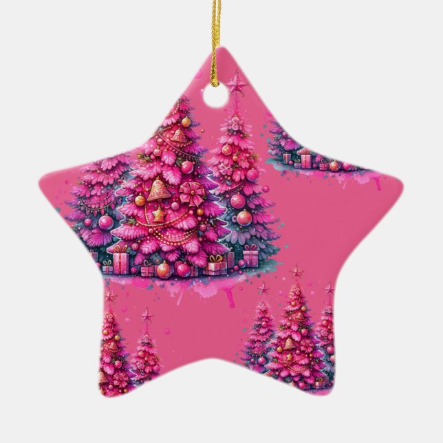 Adorno De Cerámica Árbol de Navidad Rosa Estético Preppy (Frente)