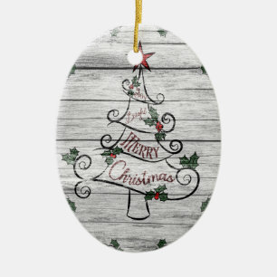 Adorno De Cerámica Árbol de Navidad Rustic Aged Barn Wood Holly