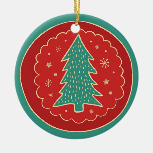 Adorno De Cerámica Árbol de Navidad Turquesa de Oro Rojo (Frente)