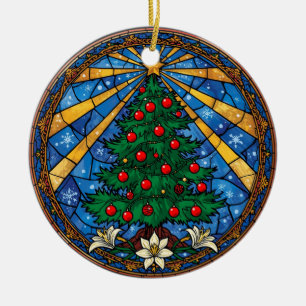 Adorno De Cerámica Árbol de Navidad y Lirios en Vidrio Emplomado