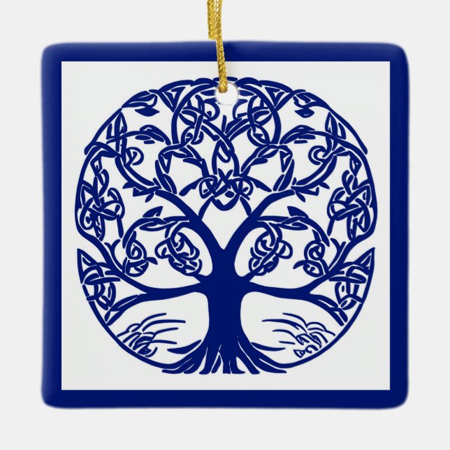 Adorno De Cerámica Árbol de nudo celta azul en blanco (Anverso)