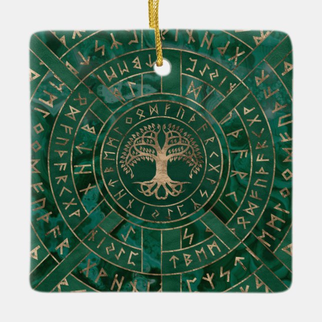 Adorno De Cerámica Árbol de vida - Yggdrasil y Futhark - Malaquita (Anverso)
