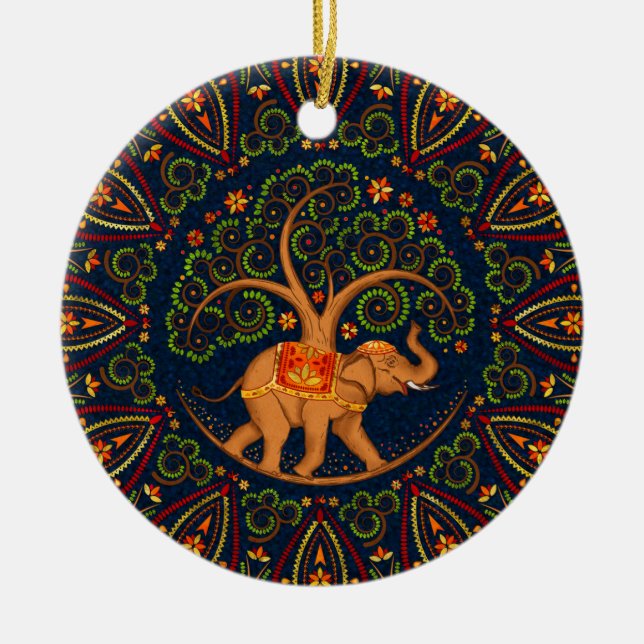 Adorno De Cerámica Árbol elefante de la vida en Mandala (Frente)