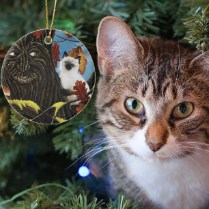 Adorno De Cerámica Árbol Encantado Ent Hojas de Otoño Gato Siames