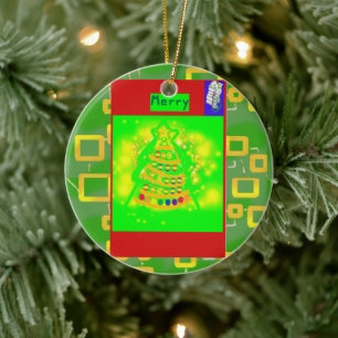 Adorno De Cerámica Árbol navideño de amarre en geométrico verde