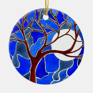 Adorno De Cerámica Árbol y luna en lienzo - Azul