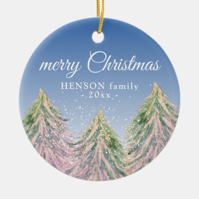Adorno De Cerámica Árboles acuarelas rosas Feliz familia navideña (Frente)