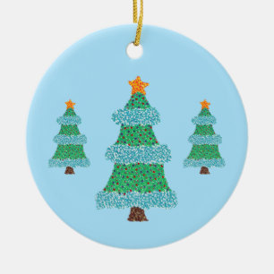 Adorno De Cerámica Árboles de Navidad con puntillismo sobre azul, ado